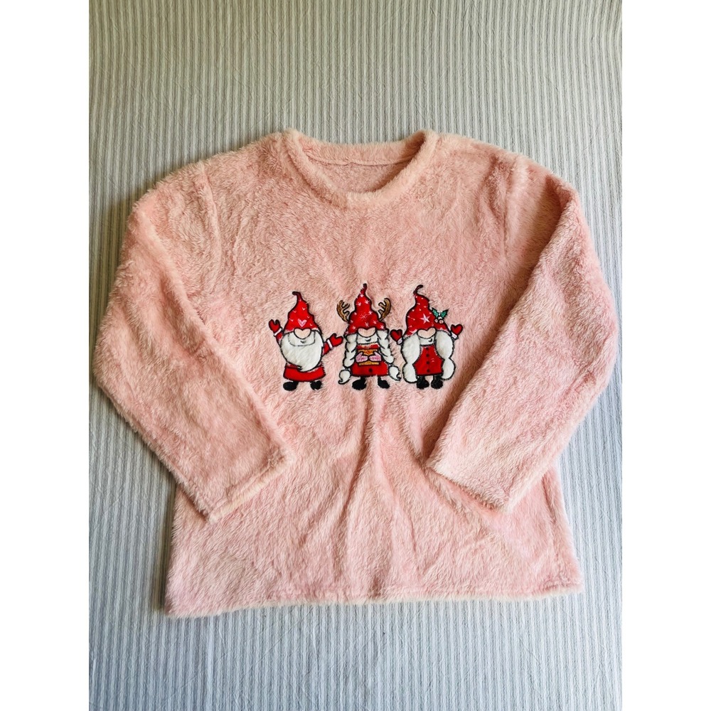 Jera Collection Pink Fuzzy Gnome Christmas Sweater Top Women Large